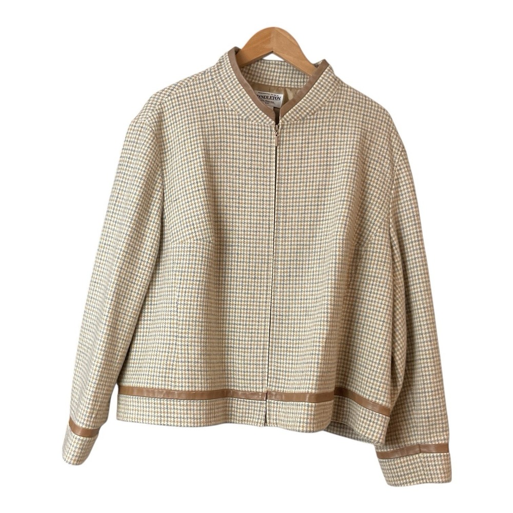 Pendleton Houndstooth Plaid Jacket grey beige blu… - image 7